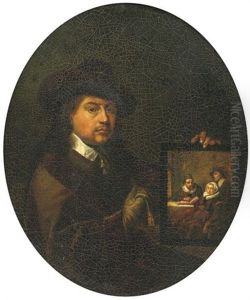 Portrait Of The Painter Holding A Family Portrait by Gerrit Dou