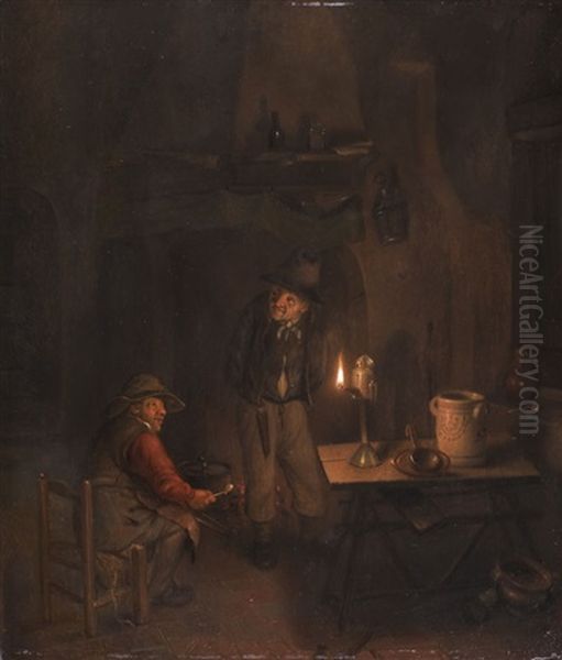 Zwei Manner In Nachtlichem Interieur Beim Schein Einer Ollampe - view 1