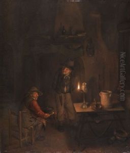 Zwei Manner In Nachtlichem Interieur Beim Schein Einer Ollampe by Gerrit Dou