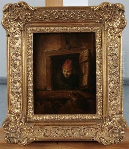 Sich Aufstutzender Bauer Aus Einer Luke Schauend by Gerrit Dou