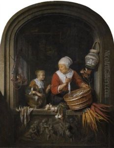 Eine Heringsverkauferin Mit Dienstmadchen In Einer Nische