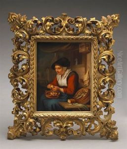 Woman Peeling Apples Seated Beside A Table Strewn With Scallions And A Basket Of Herrings
