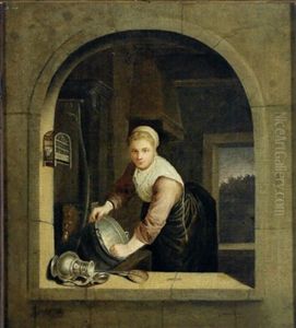 Eine Kuchenmagd Putzt Geschirr Am Fenster by Gerrit Dou