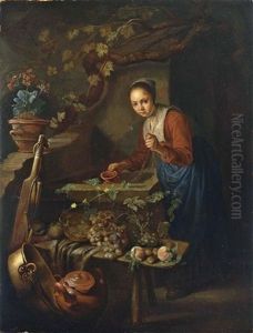 A Maid Standing Near A Well, With A Still Life Of Grapes, Peaches, An Earthenware Pot And A Copper Bowl In The Foreground