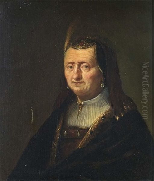 A Tronie Of An Elderly Woman,wearing A Red Dress, White Chemise And A Black And Gilt Embroidered Cloak, And A Phantasy Head Dress - view 1