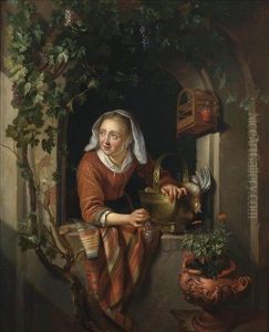A Woman At A Partially Draped Casement With Dead Fowl In A Bucket By A Birdcage And Flowers In An Urn
