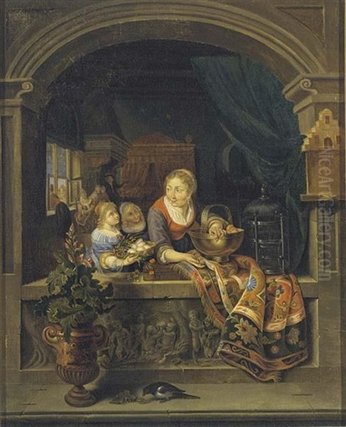 A Woman Standing In A Stone Niche, Holding A Copper Bowl With Peaches, Two Girls With A Basket Of Eggs Beside Her - view 1