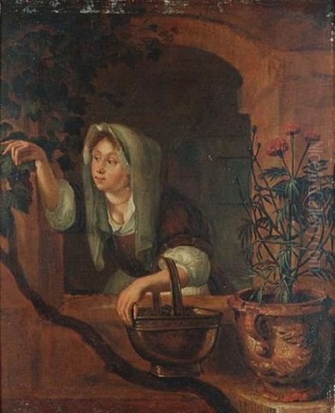A Woman Leaning Out Of A Window With A Basket On Her Arm, Picking Grapes - view 1