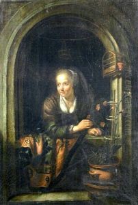 A Young Woman With A Pot Of Pinks By A Window