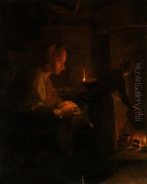 Naherin Beim Schein Einer Ollampe Und Eine Frau Am Feuer - view 1