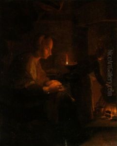 Naherin Beim Schein Einer Ollampe Und Eine Frau Am Feuer by Gerrit Dou
