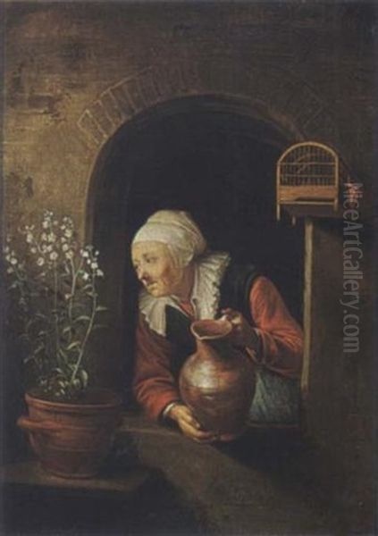 A Woman Watering The Flowers - view 1