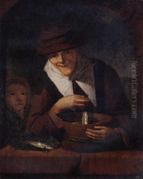 An Old Woman With A Tub Of Fish At A Niche - view 1