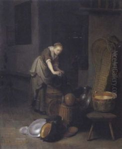 Eine Junge Frau Beim Reinigen Des Geschirrs by Gerrit Dou