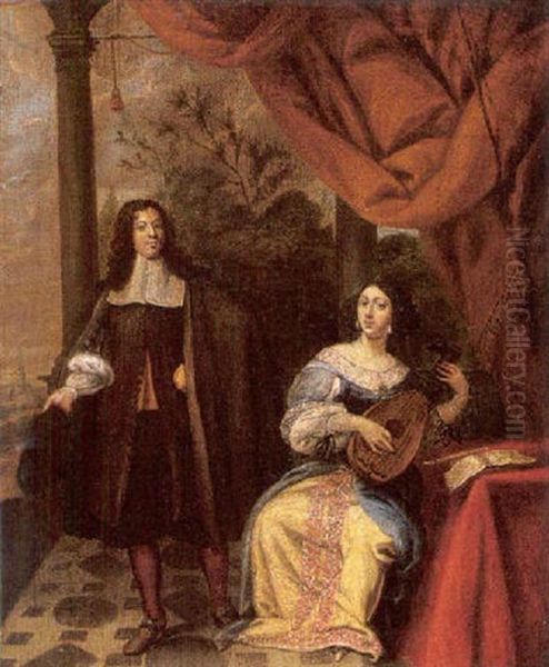A Gentleman And A Lady With A Lute On A Balcony With A Landscape Beyond - view 1
