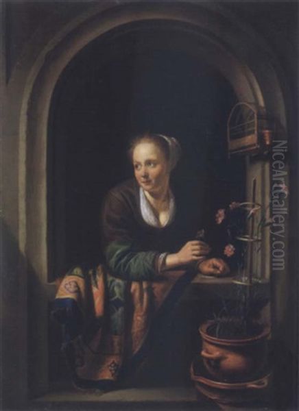 A Young Woman With A Pot Af Pinks By A Window - view 1