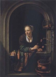 A Young Woman With A Pot Af Pinks By A Window by Gerrit Dou
