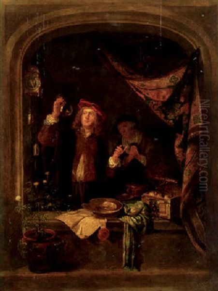 A Quack Standing At A Window Inspecting The Urine Of A Woman Standing Nearby - view 1