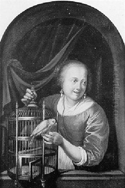 Jeune Femme A Sa Fenetre Sortant Son Perroquet De Sa Cage - view 1