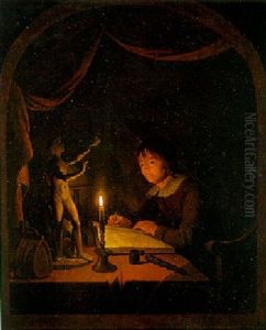 Ein Junger Kunstler Zeichnet Die Tonskulptur Von Orpheus Und Zerberus Bei Kerzenlicht Ein Junger Kunstler Zeichnet Die Tonskulptur Von Orpheus Und Zerberus Bei Kerzenlicht
