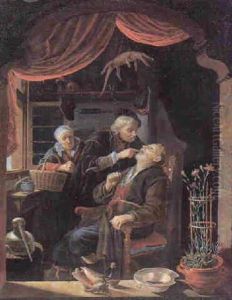 A Dentist Examining The Tooth Of A Man, An Old Woman Watching From Behind, Viewed Through A Window