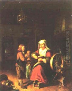 Interior With A Mother Feeding Her Two Children