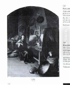A Painter In His Studio At Work On A Picture Of The Good Samaritan, A Helmet On A Barrel With A Shield And A Flask In The Foreground by Gerrit Dou