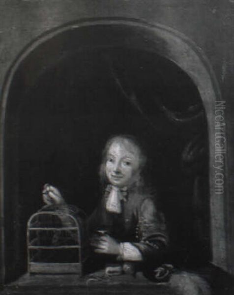 A Young Boy At A Casement With A Caged Bird - view 1