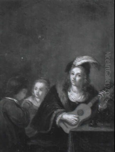 Lady Playing A Mandolin With Two Children At A Table - view 1
