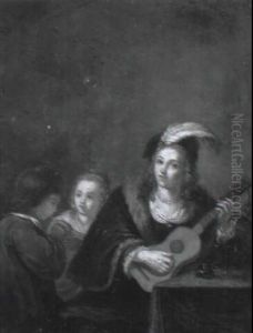 Lady Playing A Mandolin With Two Children At A Table