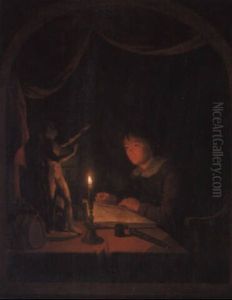 A Young Artist Sketching A Piece Of Sculpture By Candlelight