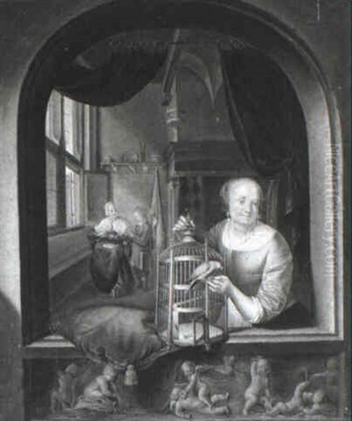 Lady Seated At A Window, Holding A Parrot - view 1
