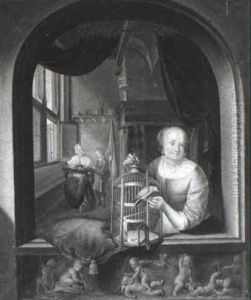 Lady Seated At A Window, Holding A Parrot by Gerrit Dou