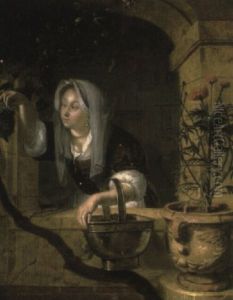 A Maid Picking Grapes At A Casement by Gerrit Dou