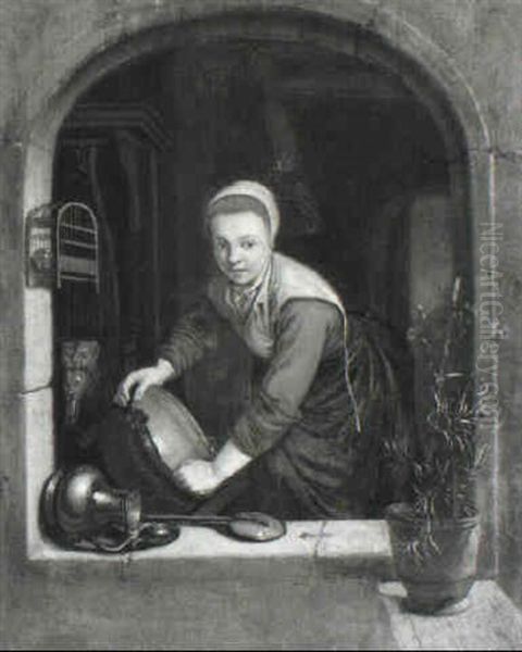 Maid Cleaning A Copper Cauldron At A Casement - view 1