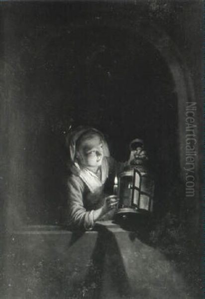 Young Woman With A Lamp At A Casement - view 1