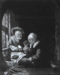 Interior With An Elderly Couple At A Meal by Gerrit Dou