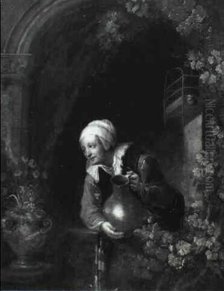 A Woman Watering Flowers At A Window Ledge - view 1
