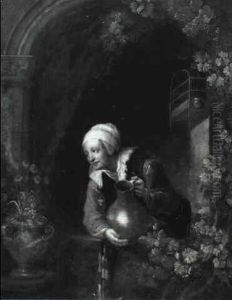 A Woman Watering Flowers At A Window Ledge