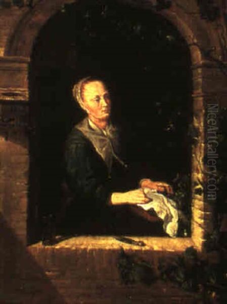 Woman Sewing By A Windowledge - view 1