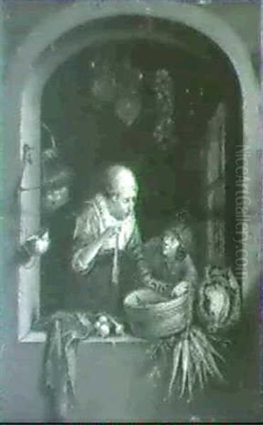 A Woman With A Bowl Of Fish And A Boy At A Window A Man And Boy With Game At A Window - view 1