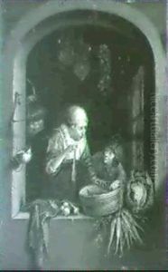 A Woman With A Bowl Of Fish And A Boy At A Window A Man And Boy With Game At A Window by Gerrit Dou