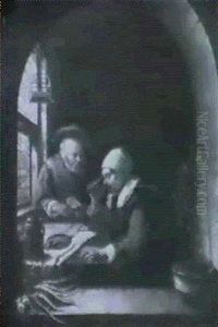 An Elderly Couple In A Kitchen Seen Through A Casement