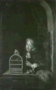 Un Enfant A La Fenetre Tenant Une Cage Aux Oiseaux by Gerrit Dou