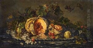 Stillleben Mit Melone Und Weintrauben Auf Einem Silbertablett