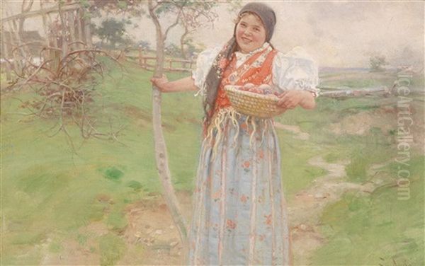 Eine Bauerin Mit Einem Korb Mit Ostereiern - view 1
