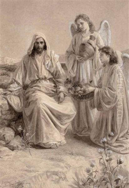 Jesus Mit Zwei Gaben Bringenden Engeln - view 1