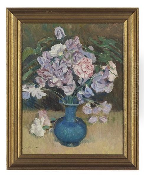 Still Life Of Sweet Peas In A Blue Vase - view 1