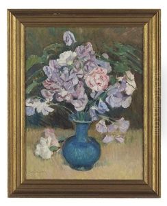 Still Life Of Sweet Peas In A Blue Vase