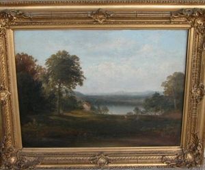 Hudson River Valley Landscape With House, Figures And Animals by Thomas Doughty